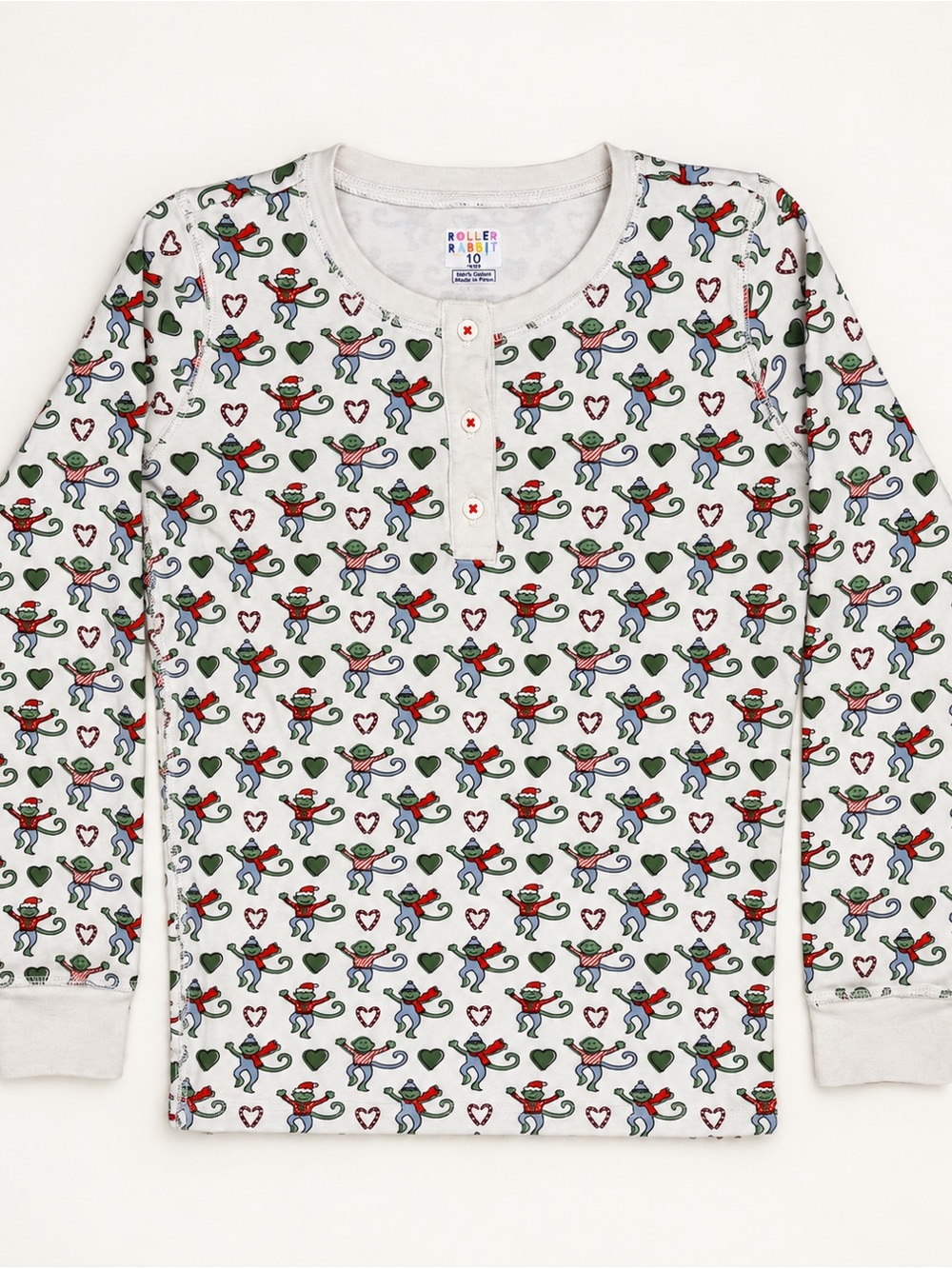 Roller Rabbit Light Long-Sleeve Henley with Multicolor Skater & Heart Print
